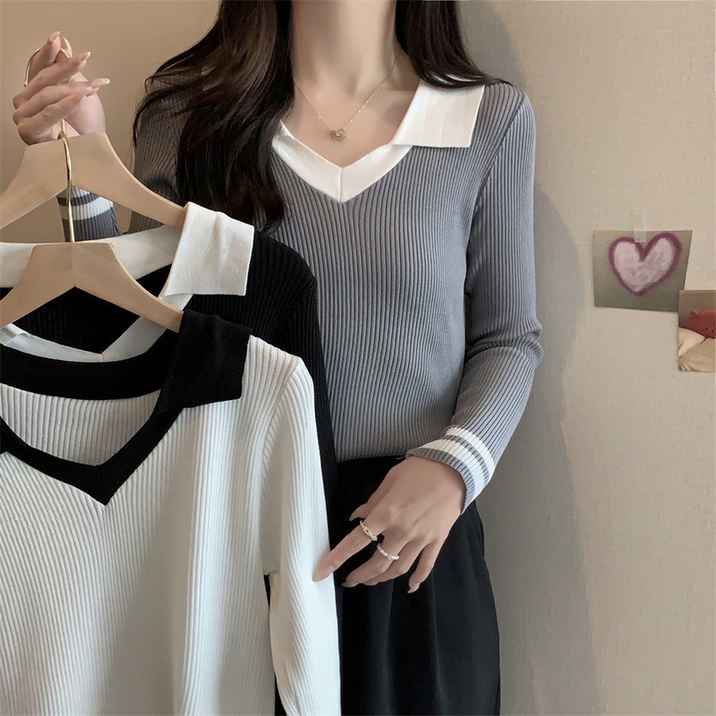 (เเถมฟรีสร้อยคอจี้หัวใจ ) เสื้อเเขนยาวผู้หญิงเเขนยาวเเต่งคอปก มี 3 สี ดำ เทา ขาว ทรงสลิมเหมาะสวมใส่ทุกฤดู  เข้ารูปทรงสวย