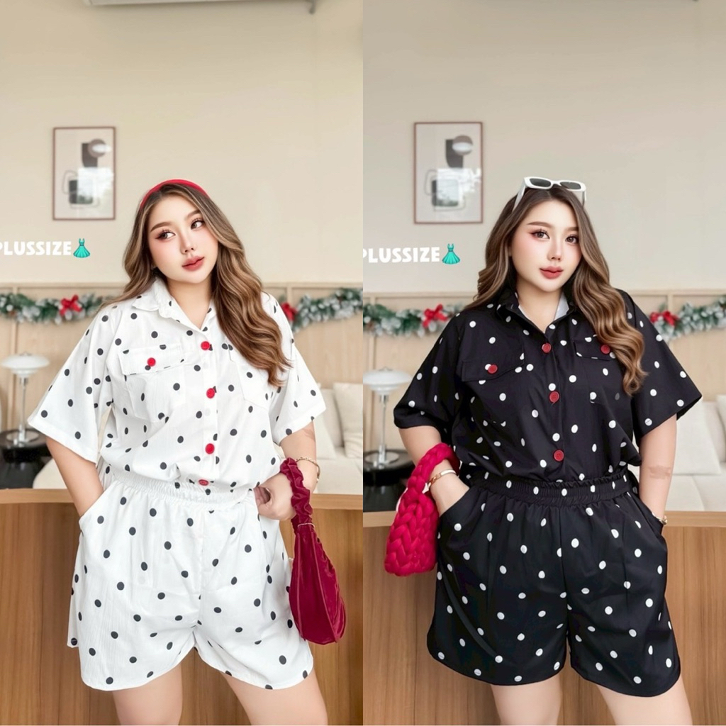/YY/ ชุดเซ็ตสาวอวบ Polka Dot ไซส์อก40-50 เสื้อเชิ้ตกระเป๋าคู่+กางเกงเอวสม็อคมีกระเป๋าทั้ง2ข้าง กระดุมแดงน่ารัก #พลัสไซส์