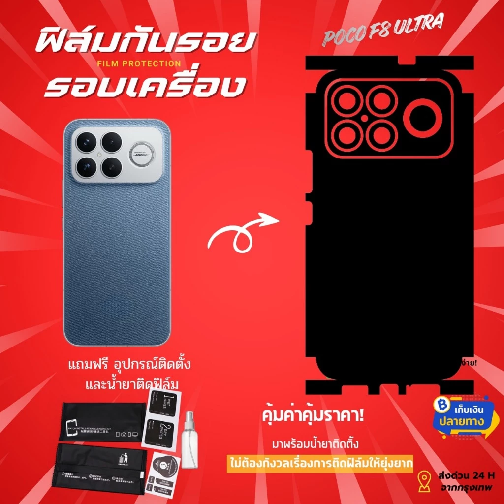 ฟิล์มกันรอยด้านหลังและขอบข้าง POCO F8 Ultra | ฟิล์มบาง ไม่อมความร้อน ติดแน่น ไม่ดีดขอบ