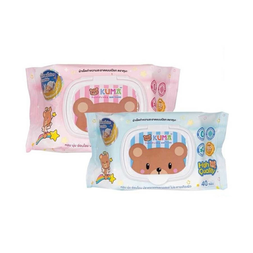 KUMA ทิชชู่เปียกคุมะ ไม่มีแอลกอฮอล์ ผ้าเช็ดทำความสะอาดแบบเปียก 40แผ่น 1 ห่อ