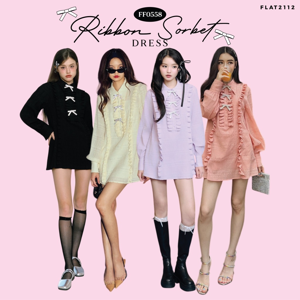 FLAT2112 FF0558 : RIBBON SORBET DRESS เดรสออกงาน เดรสสั้น เดรสงานแต่ง