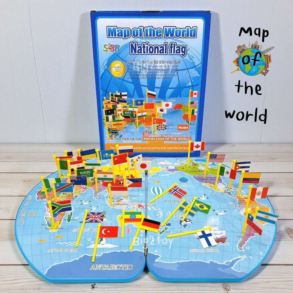 Nation Flag เวอร์ชั่นอังกฤษ📌 แผนที่โลก พร้อมธงปักนานาชาติ งานไม้ Map of the World National Flag