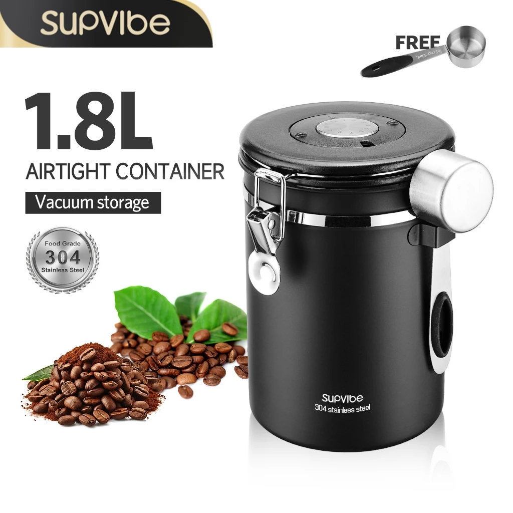 SUPVIBE กระปุกสแตนเลส ฟรีช้อนสแตนเลส สูญญากาศ 1.2L 1.8L กันความชื้นโหลสแตนเลส กระป๋องเก็บกาแฟ กันความชื้นโหลสแตนเลส