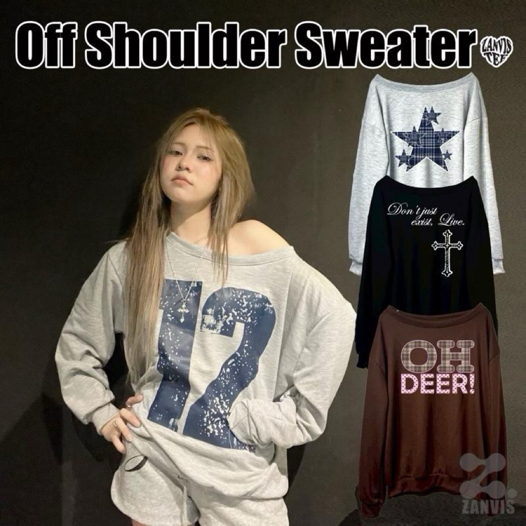 (Zanvis tee) off shoulder sweater ปาดไหล่แขนยาว สกรีนลาย