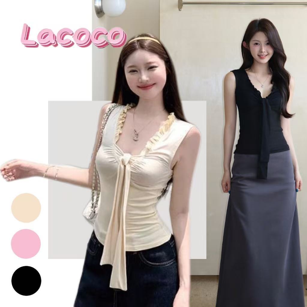 Lacoco คลังสินค้าพร้อม เสื้อกล้ามริบบิ้นปะติดปะต่อสีสันสดใสสไตล์เกาหลี