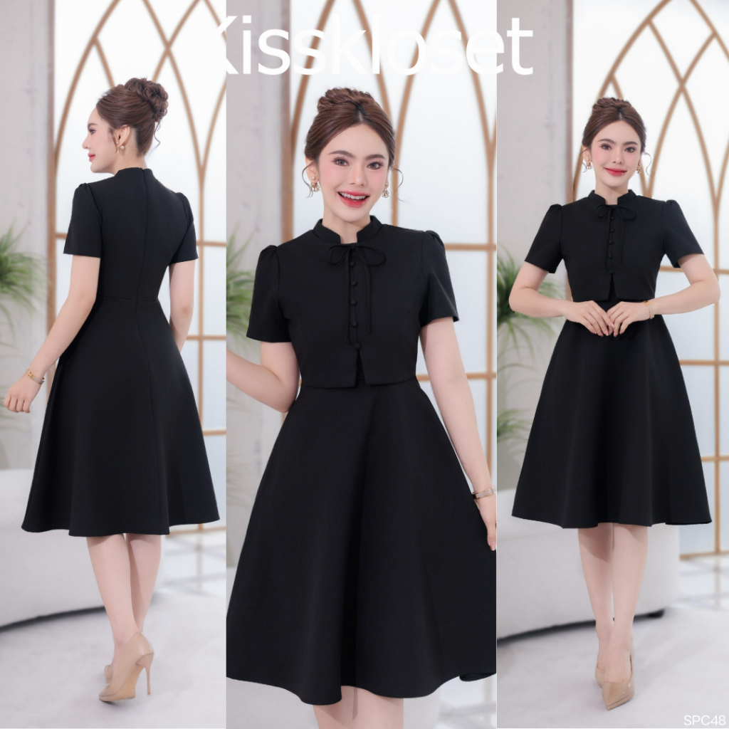 ชุดเดรสผ้าไหมยกลาย แต่งกั๊ก กระดุมแต่ง ผูกโบว์ มีกระเป๋า2ข้าง กระโปรงบานทรงย้วย งานอัดกาว มีซับใน (S-5XL) KSPC48