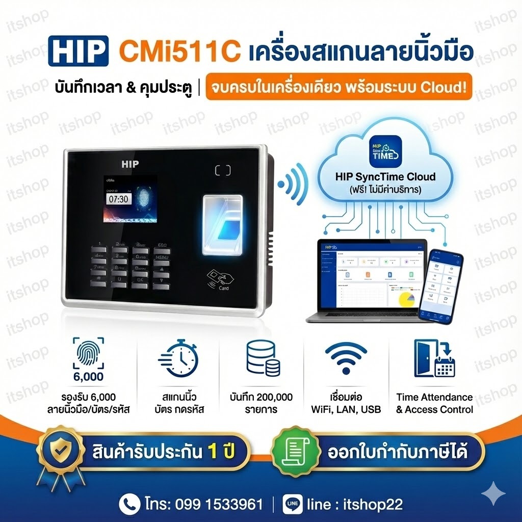 HIP เครื่องสแกนลายนิ้วมือ CMi511C อุปกรณ์แบบ Standalone สำหรับระบบบันทึกเวลาทำงานและควบคุมการเข้า-ออกประตู