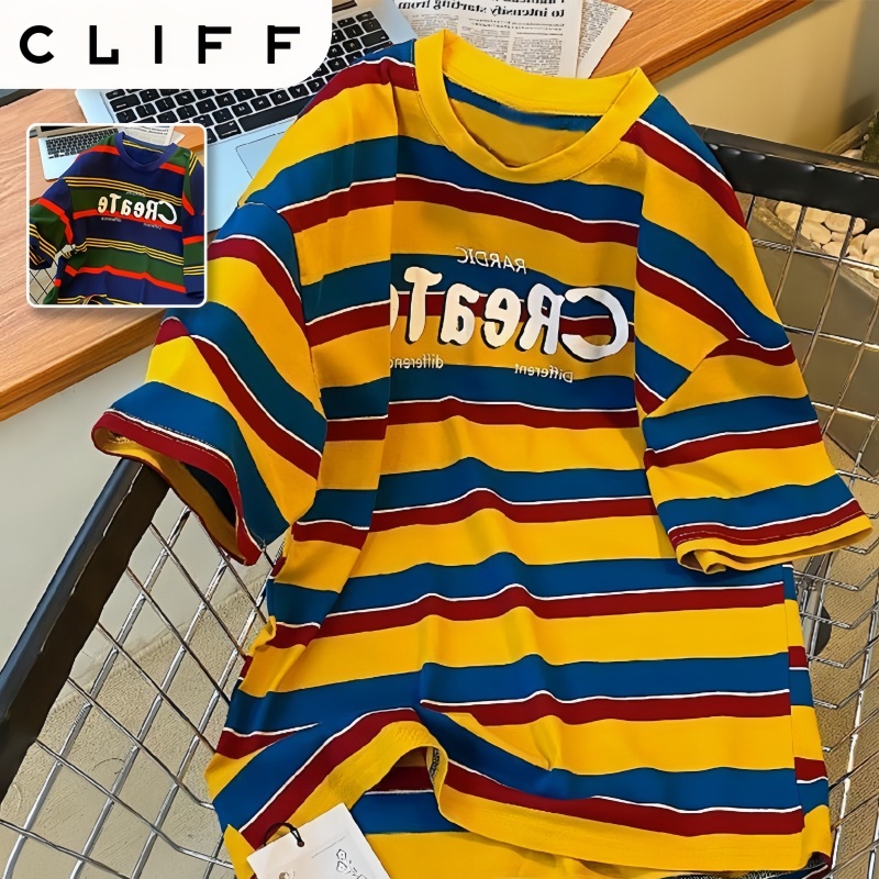 CLIFF -COD✅เสื้อยืดผู้ชาย ขอบลายสี คอกลมแขนสั้น ชุดคู่รัก แมทช์ลุคง่าย แบบหลวม ลำลอง