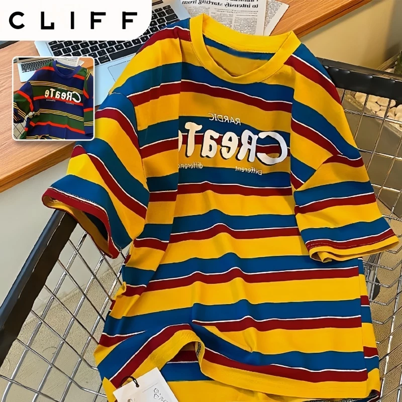 CLIFF -COD✅เสื้อยืดผู้ชาย ขอบลายสี คอกลมแขนสั้น ชุดคู่รัก แมทช์ลุคง่าย แบบหลวม ลำลอง