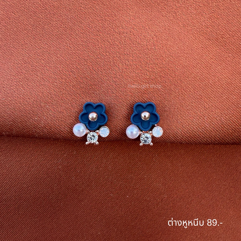 ( ต่างหูหนีบ ขดลวด ) ต่างหูดอกไม้ สีน้ำเงิน