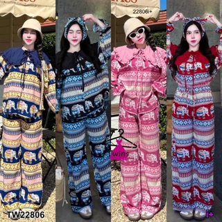 Set 3 ชิ้น เสื้อช้างปกใหญ่ แขนพอง + กางเกงช้างขายาว กับ สายผูก TT22806