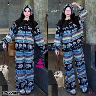 Set 3 ชิ้น เสื้อช้างปกใหญ่ แขนพอง + กางเกงช้างขายาว กับ สายผูก TT22806