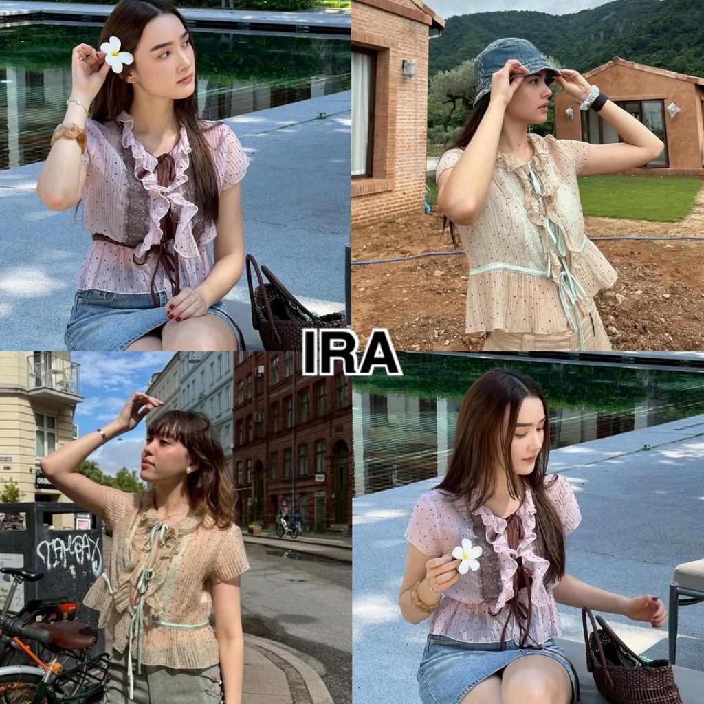 BY IRA  (00015)Brighton  Top เสื้อครอปผู้หญิงแขนพอง แต่งระบาย แต่งสายผูกหน้าอก