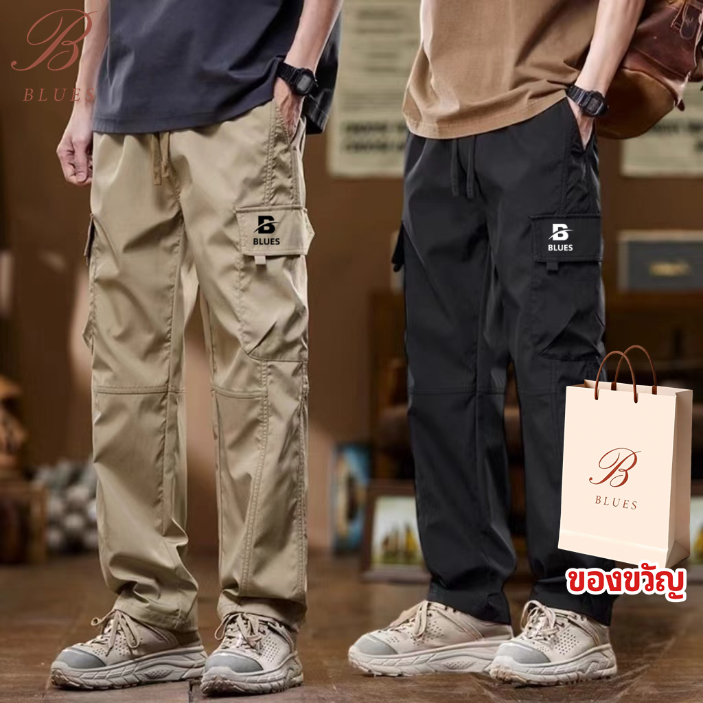 B BLUES กางเกงคาร์โก้ 6 กระเป๋า ผ้าคอตตอน ผ้าหนา เอว 26-36 นิ้ว กางเกงคาร์โก้ใหม่กางเกงลําลองขากว้างตรง
