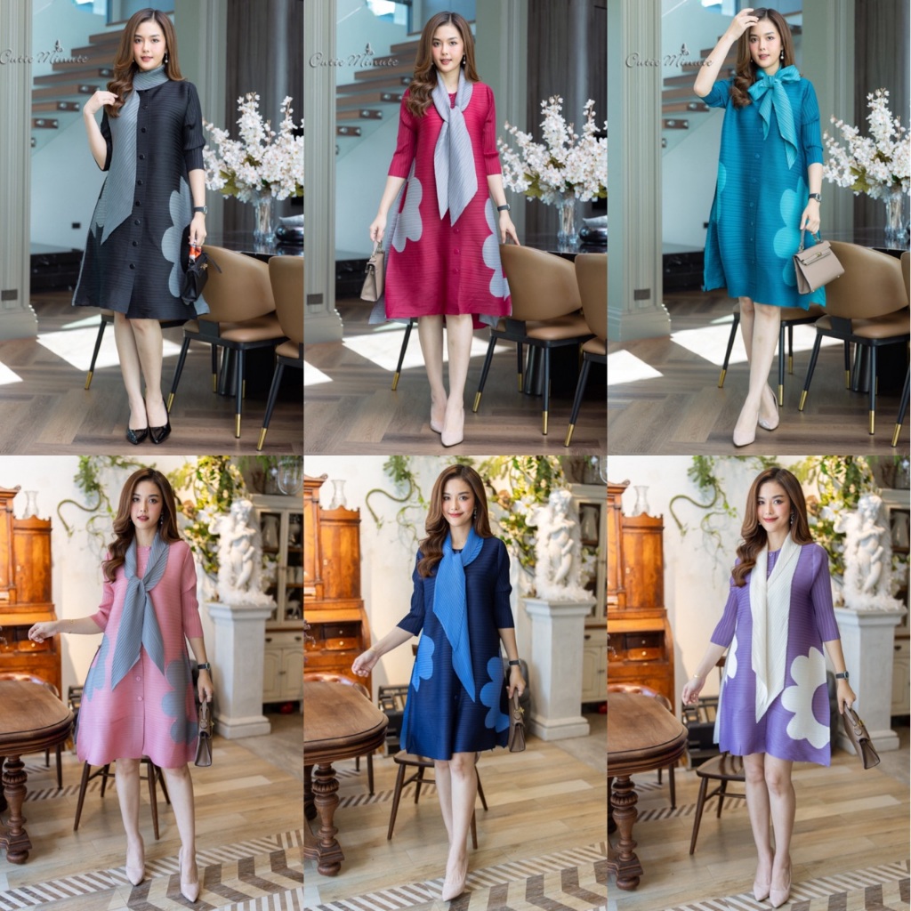 Cutie Minute  PD05225 เดรสผ้าอัดพลีท ลายผ้าลายดอกไม้ ดีเทลด้านข้างวางผ้าสลับสี มาพร้อมผ้า1ผืน