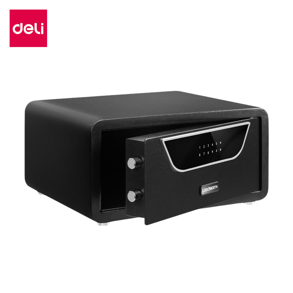 Deli ตู้เซฟ ตู้เซฟโรงแรม จอสัมผัสLCD ระบบล็อค2ชั้น รหัสผ่านและกุญแจ วัสดุเคลือบกันสนิม Safe Box