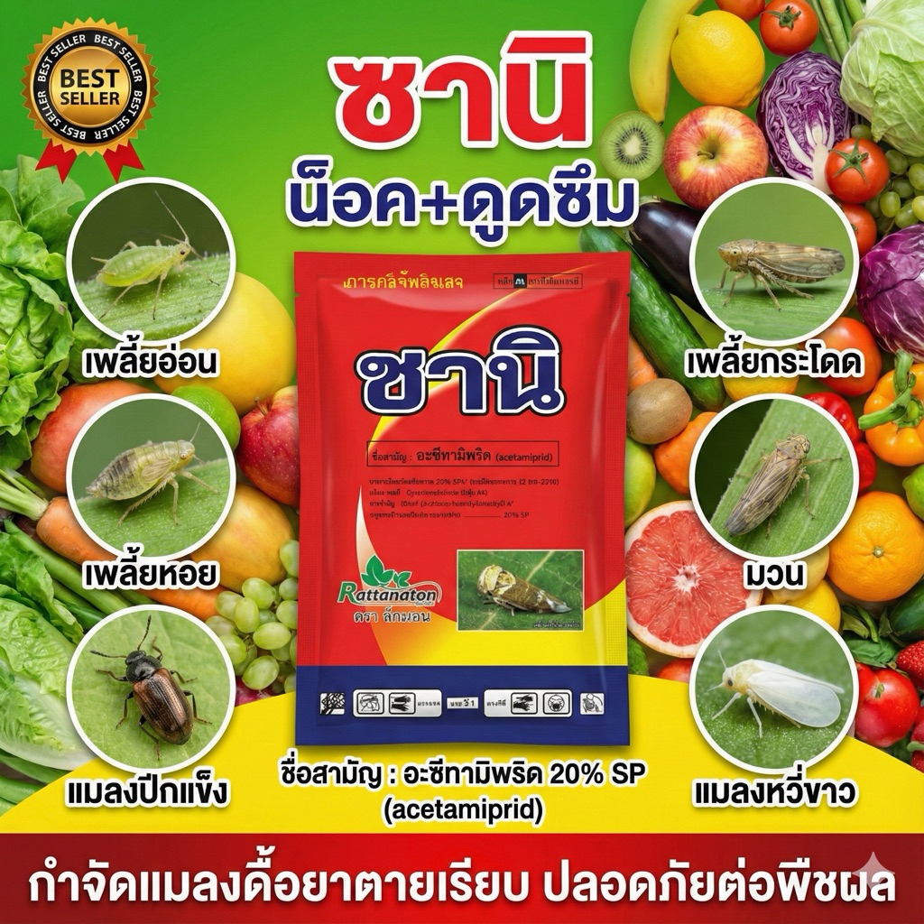 ซานิ อะซีทามิพริด น็อค+ดูดซึม บั่ว แมลงหวี่ขาว หนอนชอนใบ เพลี้ยจั๊กจั่นฝ้าย เพลี้ยอ่อน เปลี้ยแป้ง 100 กรัม
