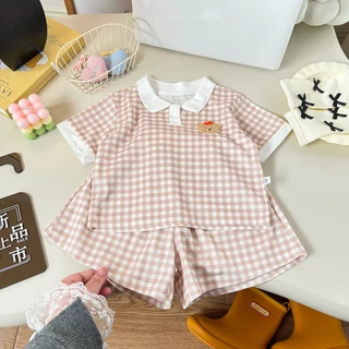 MooDeng Baby ชุดเสื้อ เสื้อแขนสั้น+ กางเกงขาสั้น ชุดเซตน่ารัก ลายสก็อต สไตล์เกาหลี สำหรับเด็กหญิง