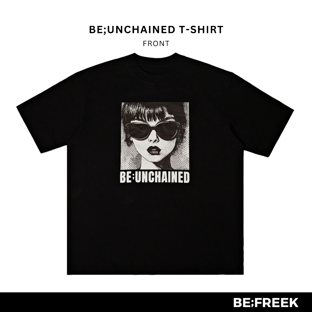 BE;FREEK เสื้อยืดสกรีนลาย BE;UNCHAINED ทรงใหม่ OVERSIZED สีดำ BE;UNCHAINED BLACK NEW OVERSIZED T-SHIRT