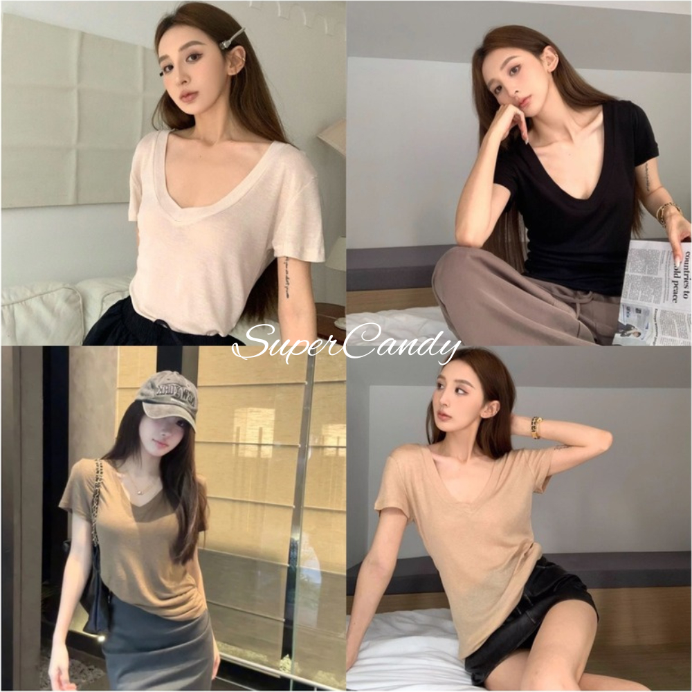 SuperCandy🌷เสื้อยืดคอวีโอเวอร์ไซด์ style เสื้อยืดแขนสั้น สำหรับผู้หญิง ทำจากผ้าฝ้ายลินินและผ้าไหมน้ำแข็ง ทรงหลวม