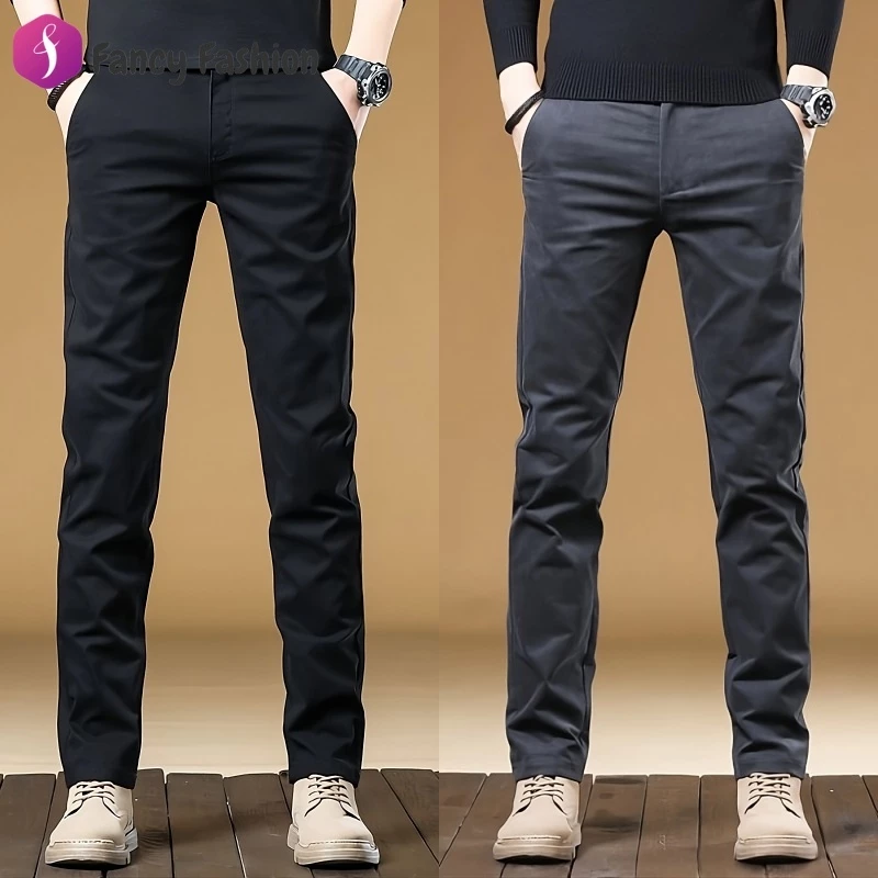 Fancy Fashion กางเกงชิโน่ผ้ายืดสำหรับผู้ชาย ไม่ต้องรีด ทรงสลิมฟิต กางเกงขายาวทรงตรงลำลอง