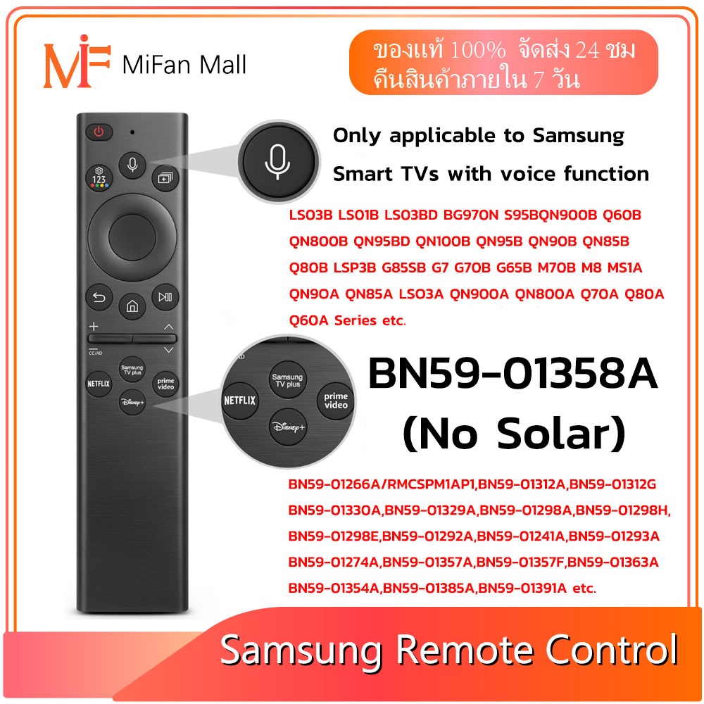 เปลี่ยนเสียงระยะไกลสําหรับ Samsung สมาร์ททีวี: BN59-01385A(ไม่มีพลังงานแสงอาทิตย์),สําหรับปี 2018 ถึง 2022 Smasung
