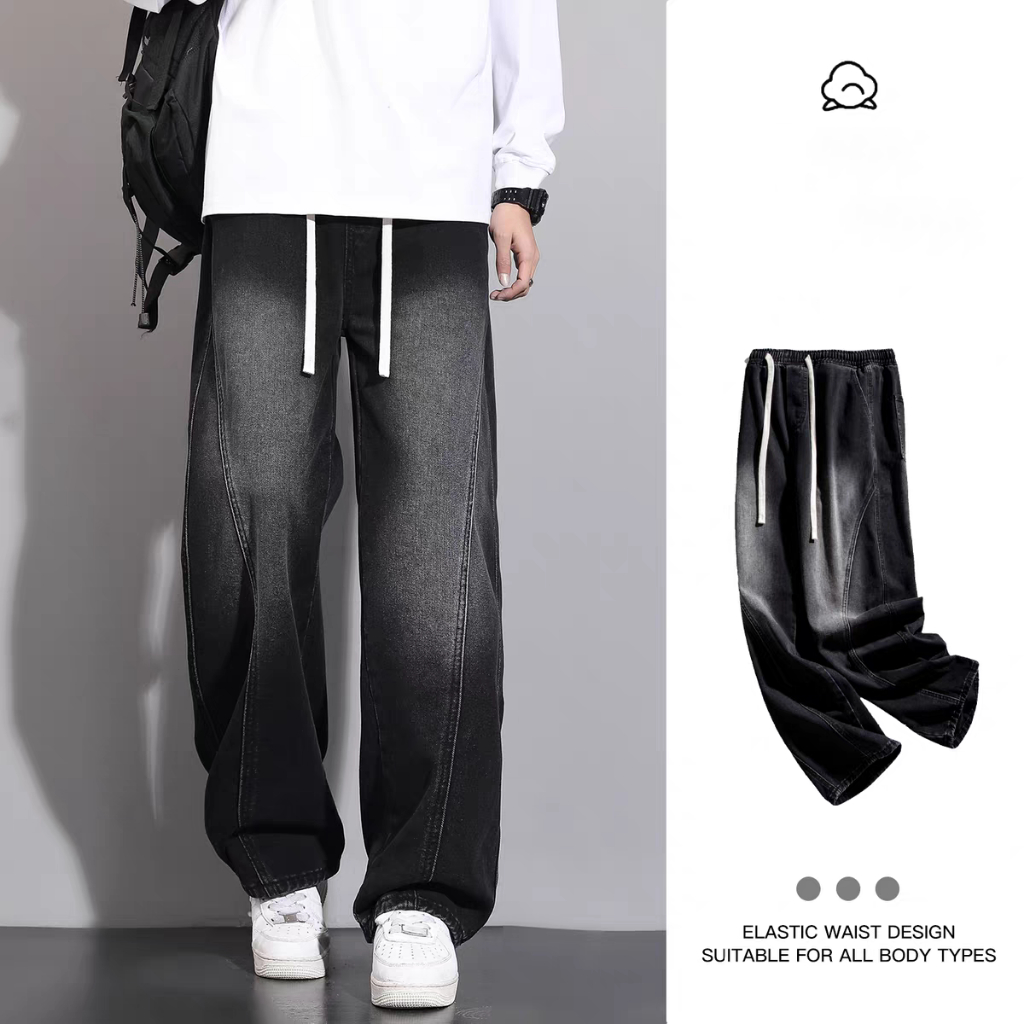 MNO.9 Jeans 1032 กางเกงยีนส์ เอวยางยืด แต่งตะเข็บแถบแต่งฟอกเฟด ขายาวชาย  กางเกงยีนส์ชาย กางเกงวินเทจ Clothing ผู้ชาย Man