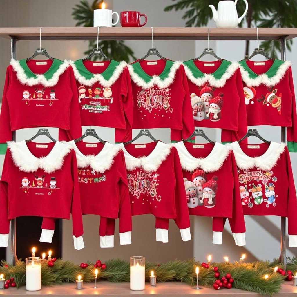 MNV STUDIO ครอปแขนยาว คอปกบัว  แต่งปักด้วยตัวการ์ตูน  Merry christmas ( MC1 )