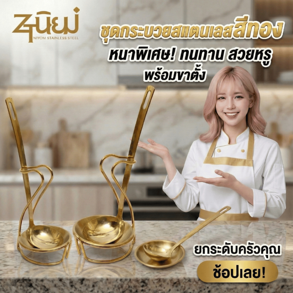 กระบวยสแตนเลสหนาพิเศษ-เกรดพรีเมี่ยม(สีทอง)เกรดโรงแรม ขาตั้งกระบวย/ทัพพีสแตนเลสพร้อมจานรอง พร้อมส่ง