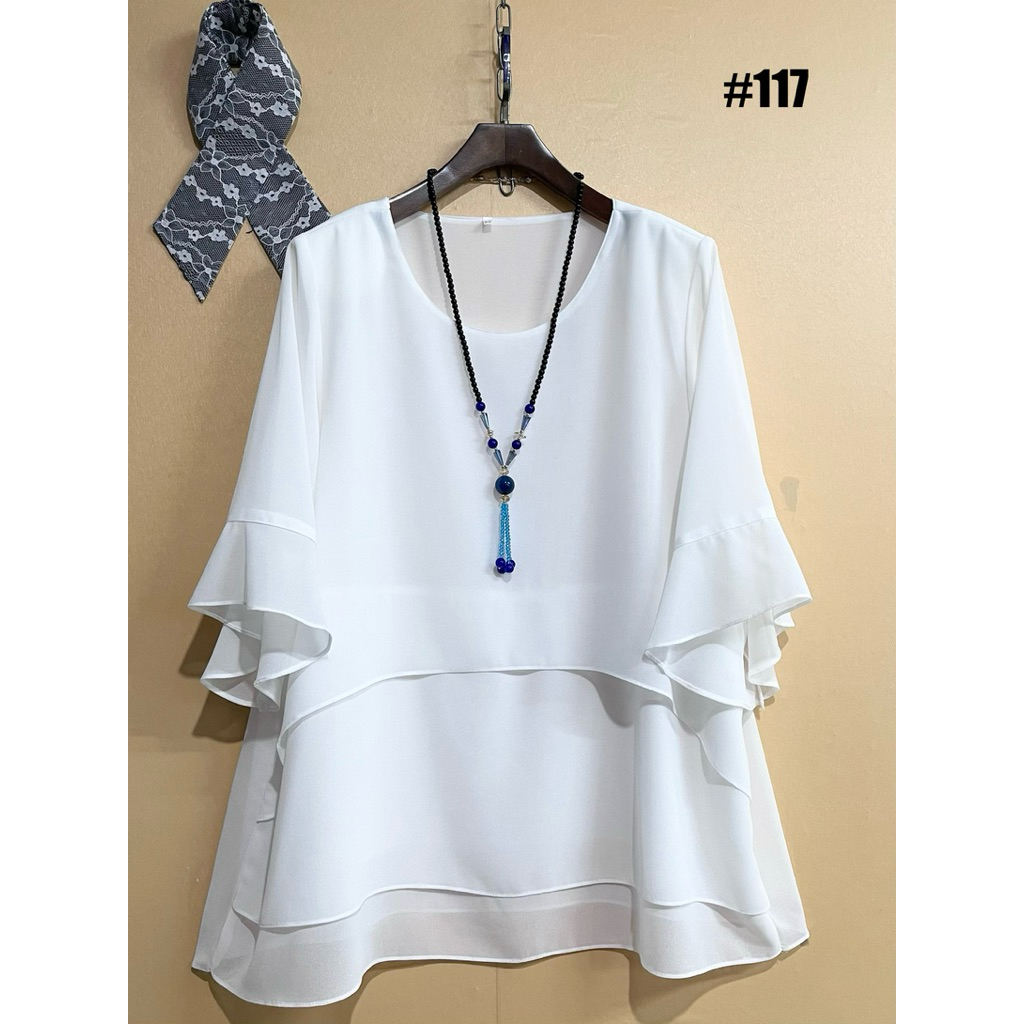 เสื้อชีฟอง(อก46”-48“)ปักลายขาว แต่งลูกไม้ดำ