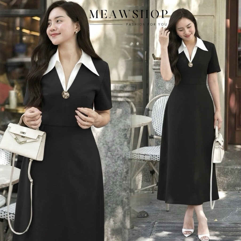 S-2XL เดรสคอปกเชิ้ต สีขาว คอวี ชุดดำ ชุดไว้อาลัย ชุดออกงาน ชุดไปงาน ชุดสีดำ ชุดสุภาพ ชุดไปเที่ยว เดร