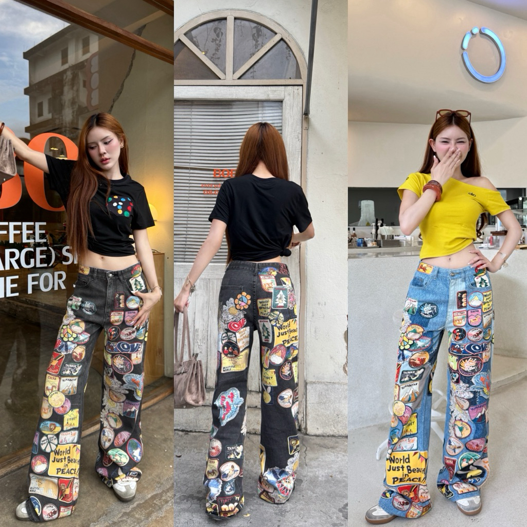 8197 กางเกงยีนส์ทรงกระบอกกลางปลายขาม้านิดๆ ผ้าพิมพ์ลาย3D ลายfunfun น่ารักมาก S-4XL