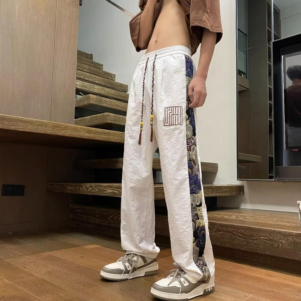 กางเกงขายาวลำลองชายเอวเชือกผูกสไตล์เกาหลี กางเกงขายาวทรงตรงพิมพ์ลายแฟชั่นสำหรับผู้ชาย Men Clothing【COD】