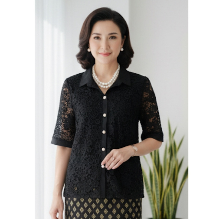 เสื้อลูกไม้ผ้าลินินคอเชิ้ต เสื้อลูกไม้กระดุมผ้าลินิน รอบอก42-46/48/50-52 นิ้ว ฟรีไซส์  คนแก่ใส่ทำบุญ