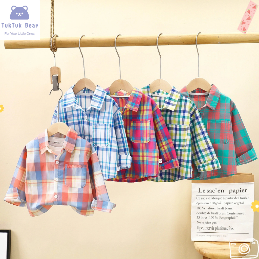 เสื้อเชิ้ตเด็ก เสื้อเชิ้ตลายสก๊อต สีสันสด ที่อกมีกระเป๋า พร้อมส่ง