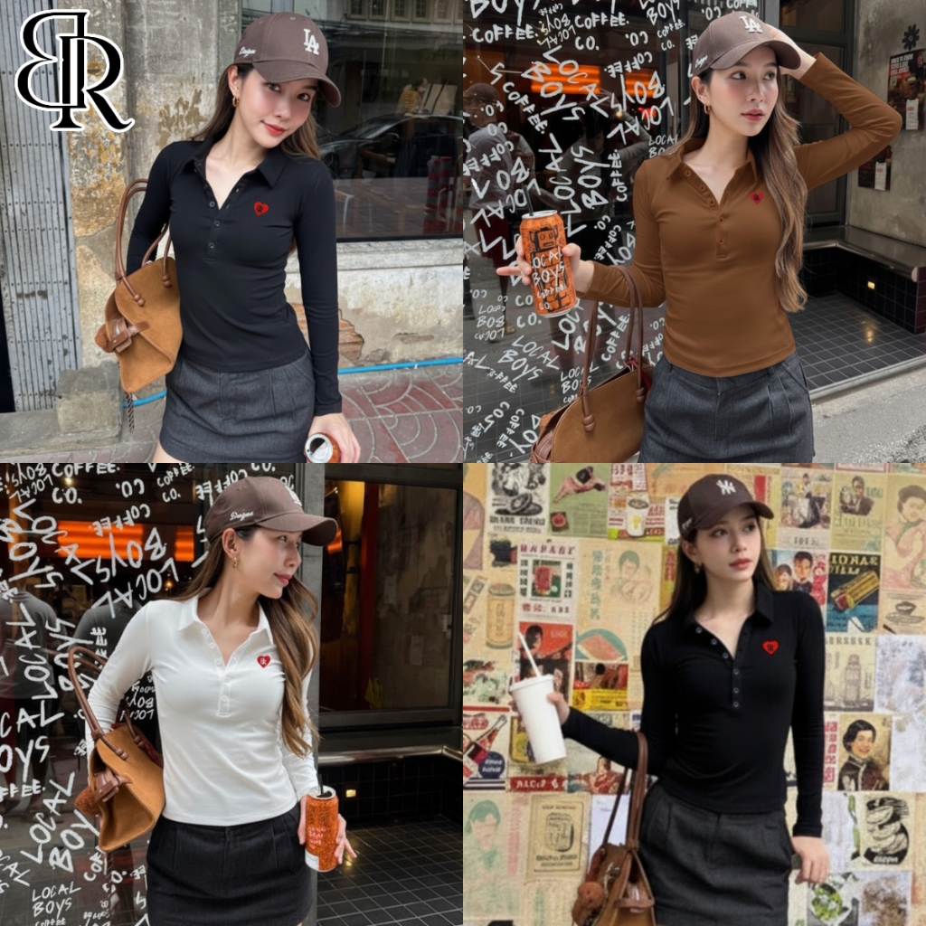 B&R พร้อมส่ง เสื้อคอคอแคบติดกระดุม เสื้อยืดแขนยาวทรงสลิมฟิต สไตล์พื้นฐาน ทุกโอ๊ตfits ปักหัวใจ แฟชั่นย้อนยุค