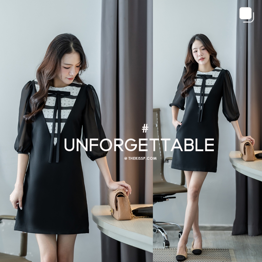 THE UNFORGETTABLE'dress +FREE black long ribbon pin เข็มกลัดโบถอดออกจากชุดได้