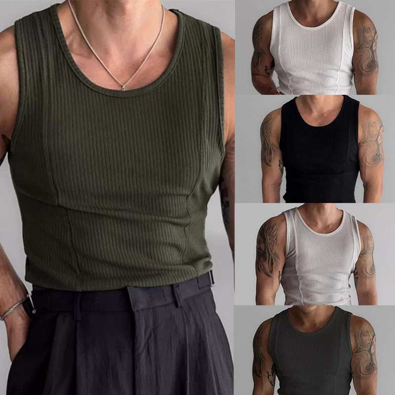 เสื้อกล้ามชาย แฟชั่นอเมริกัน ทรง Slim Fit ผ้าร่อง Ribbed เสื้อแขนกุดผู้ชาย ใส่ออกกำลังกาย ลำลอง คุณภาพสูง หลายสี【COD】