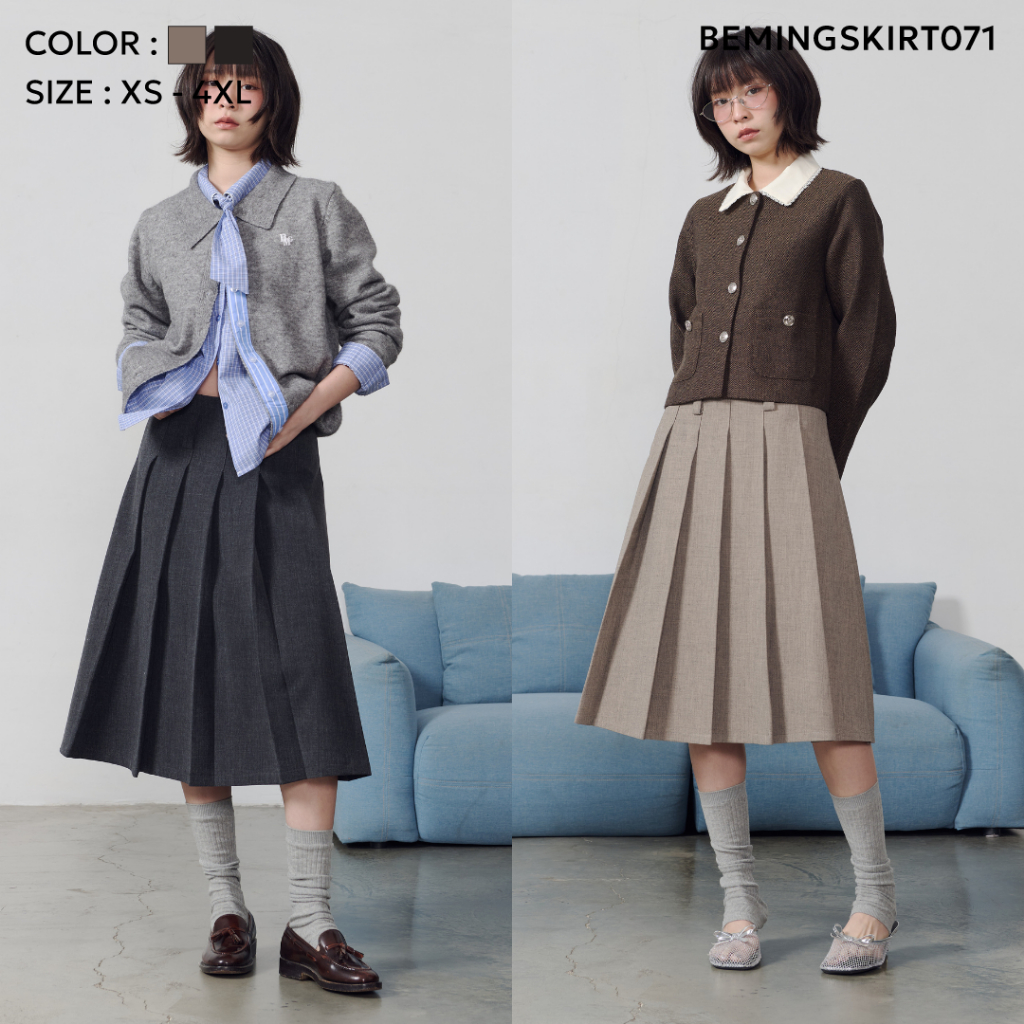 Bemingskirt071(XS-4XL)-BMG Pleated Midi Skirt – ลุคสุภาพที่มีดีเทล ดูดีได้ทุกวันในแบบ BEMING