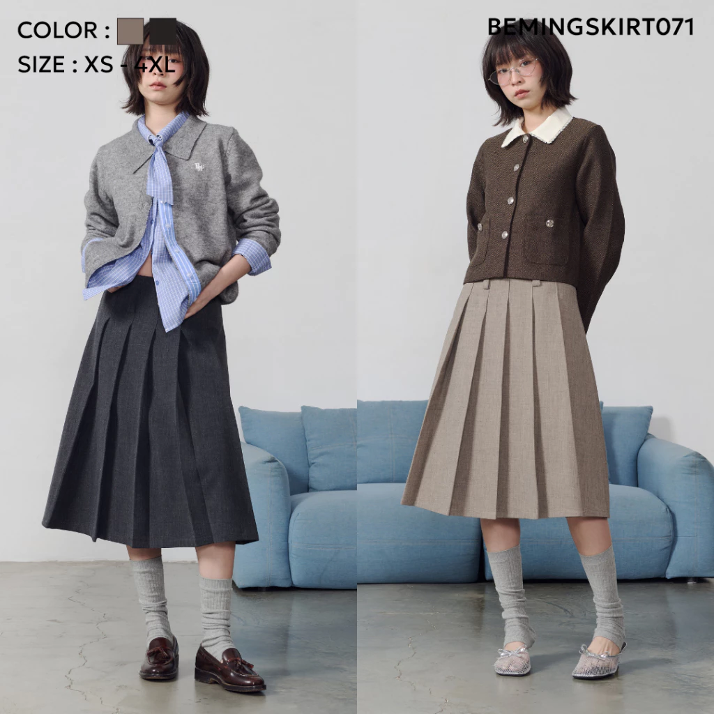 Bemingskirt071(XS-4XL)-BMG Pleated Midi Skirt – ลุคสุภาพที่มีดีเทล ดูดีได้ทุกวันในแบบ BEMING