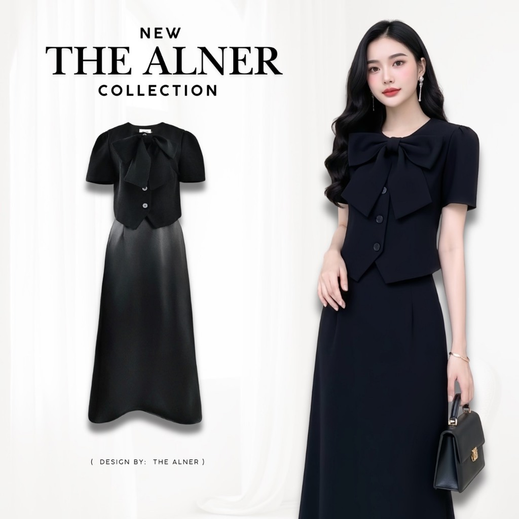 Thealner-AN002 (เซตเสื้อดำแต่งโบว์กระดุมหน้า+กระโปรง)