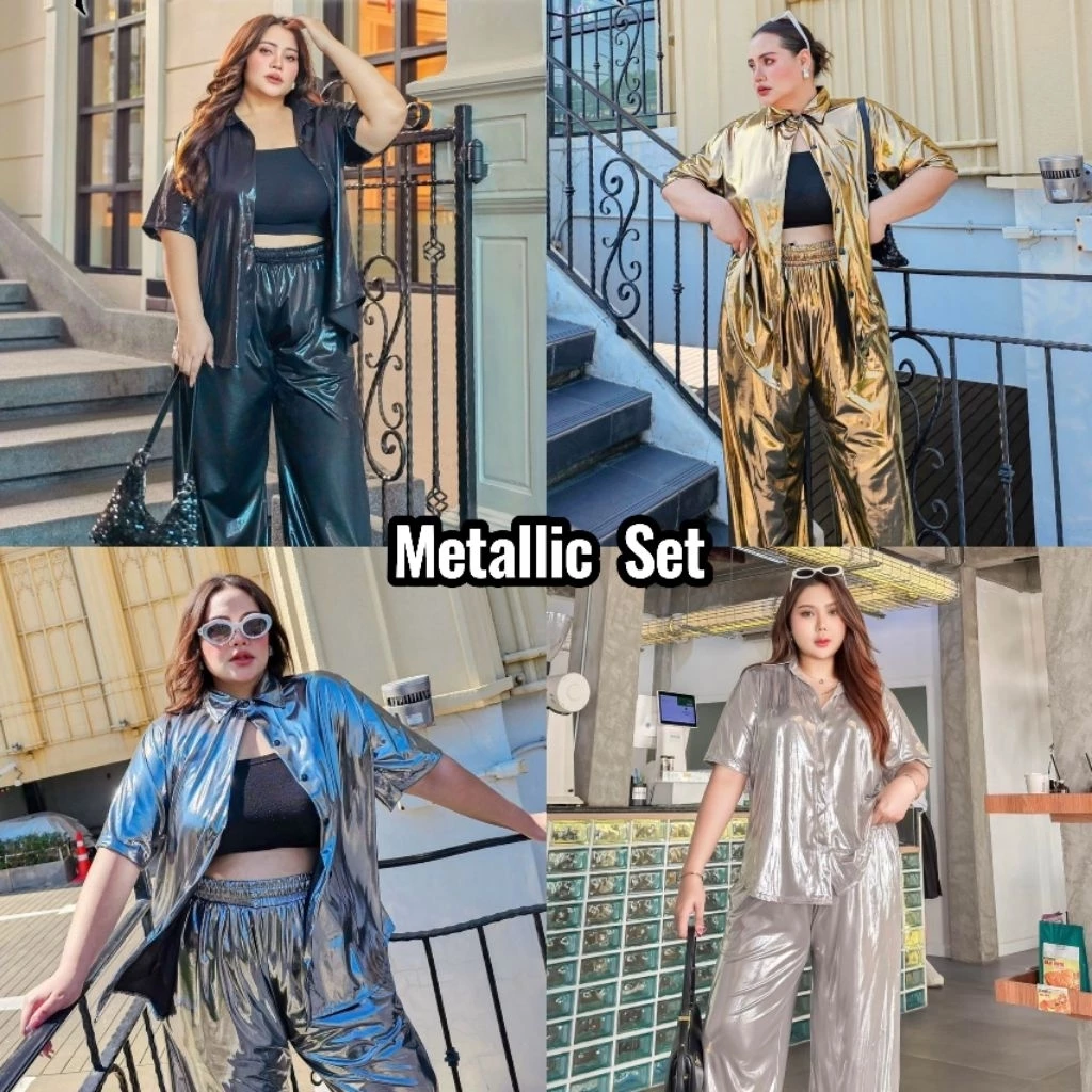 (ส่งด่วน) Metallic Set ชุดเซตเมทัลลิค เสื้อเชิ้ต+ กางเกงกระบอกใหญ่ อก 38-60"