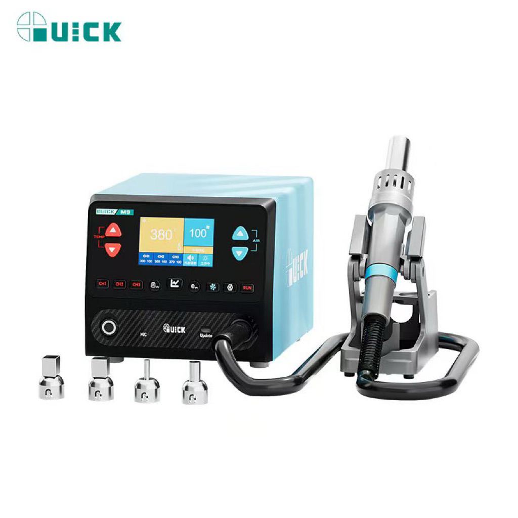 QUICK M9 Heat Gun รุ่นใหม่ ควบคุมด้วยเสียง AI ระบบปิดอัตโนมัติ 1300W ปรับมุมได้ 44800 RPM หน้าจอสี T