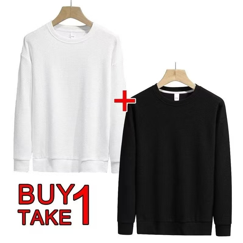 TwoStar ซื้อ 1 แถม 1 เสื้อยืดแขนยาววาฟเฟิลเรียบสำหรับผู้ชาย คอกลม เสื้อสเวตเชิ้ต ราคา ถูกที่สุด ดีลบีเคเค แกลเลอรีภาพที่ 5
