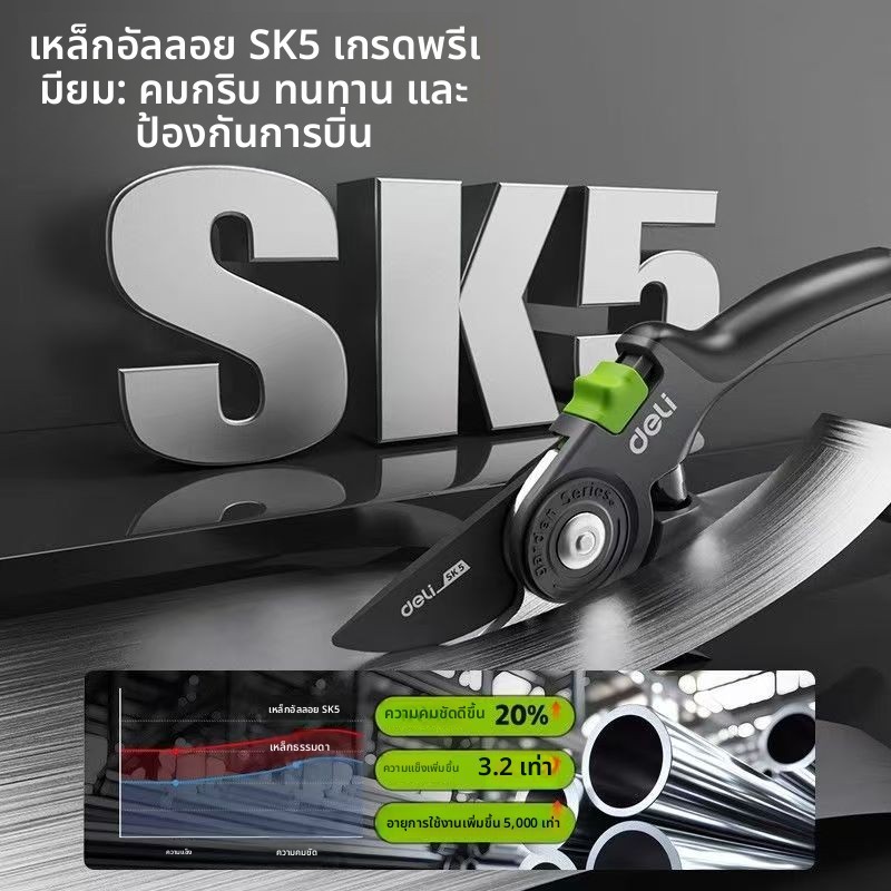 Deli กรรไกรตัดกิ่งไม้ ขนาด SK5 คม ทนทาน กรรไกรตัดโลหะ  แต่งกิ่ง กรรไกรทำสวน - รูปที่ 2