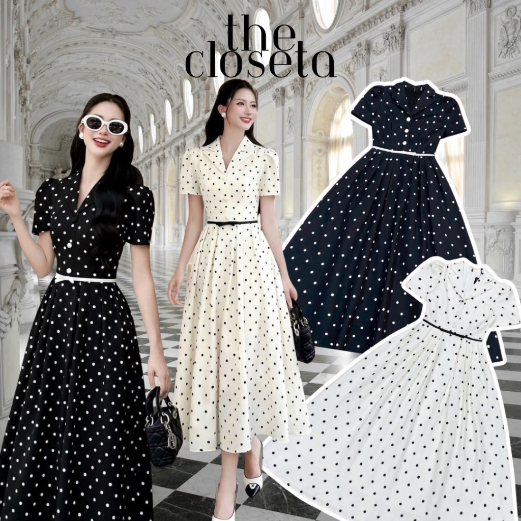 THE CLOSETA : LB577 ชุดเดรสคอปกแขนสั้นแต่งเข็มขัดโบว์ ทรงกระโปรงบาน Polkadot
