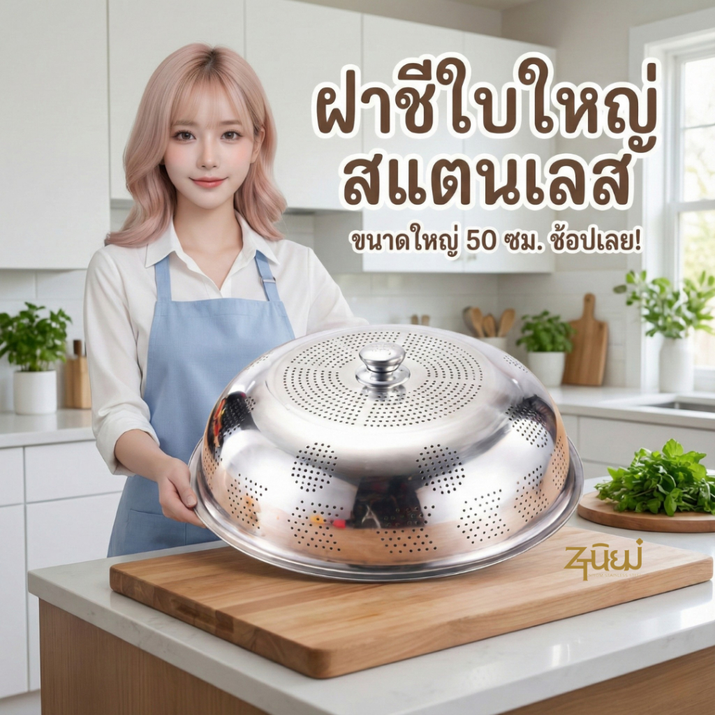 🔥สินค้าขายดี ฝาชีใบใหญ่ งานหนา🔥 ฝาชี 2in1ฝาชีสแตนเลส 50ซม. อุปกรณ์ป้องกันอาหาร กะละมังล้างผักได้