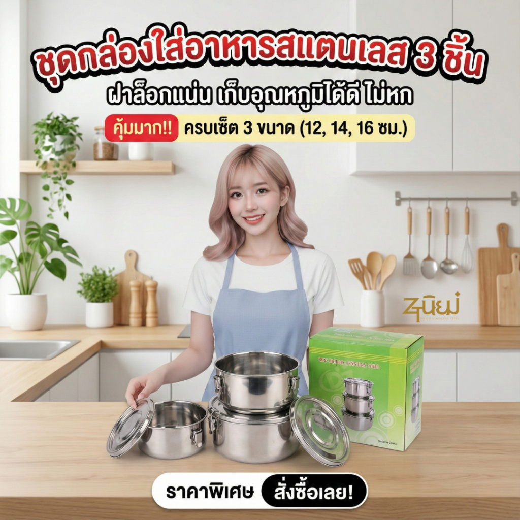ชุดกล่องใส่อาหารสแตนเลส  1เซต3ชิ้น 12/14/16 ซม. กล่องถนอมอาหาร พร้อมตัวล็อคหัวเข็มขัด สแตนเลส304