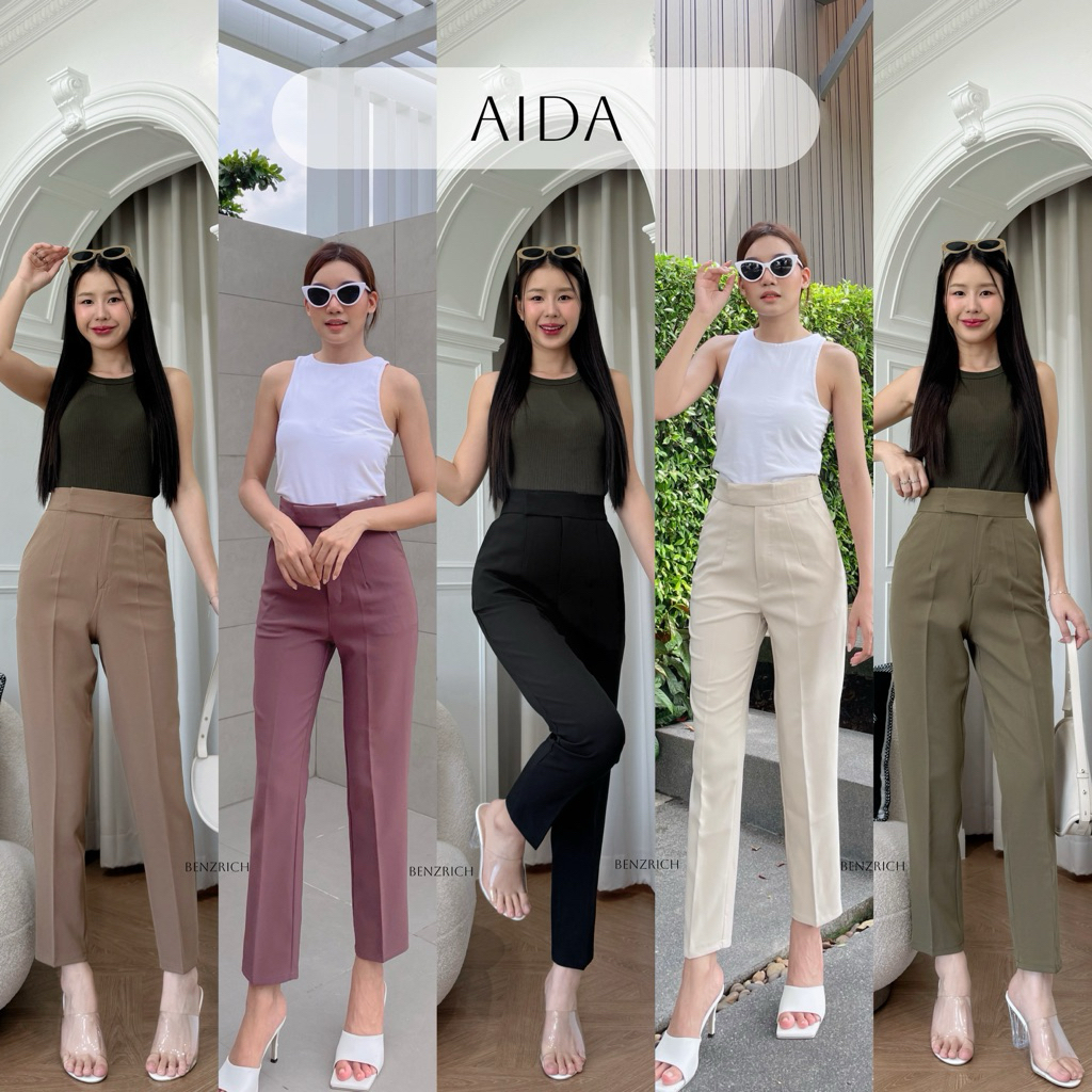 ขอบยื่นตะขอ 9 ส่วน ขากระบอกเล็ก (S-XL) เอวสูง กางเกงแฟชั่นกางเกงทำงาน