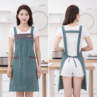 ผ้ากันเปื้อนฤดูร้อนผ้าฝ้ายยาว สายคาดแบบมีแถบสีตัดกันระบายอากาศ ผ้ากันเปื้อนในครัวและรับประทานอาหารแบบยูนิเซ็กซ์